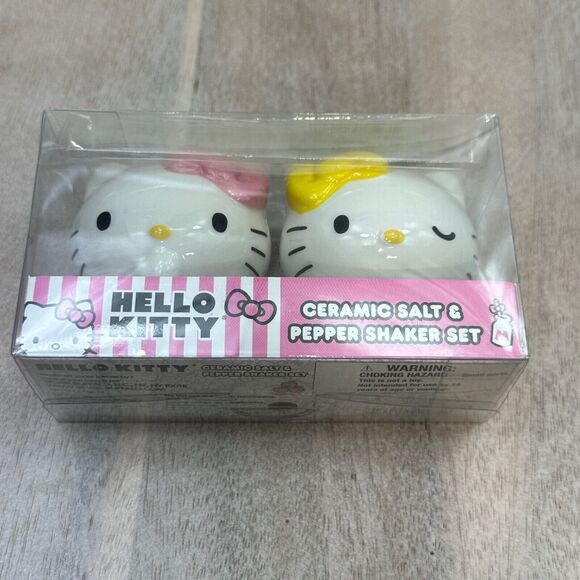 Hello Kitty Ceramic Salt and Pepper Shaker Set Yellow Pink White Sanrio New - Picture 1 of 16